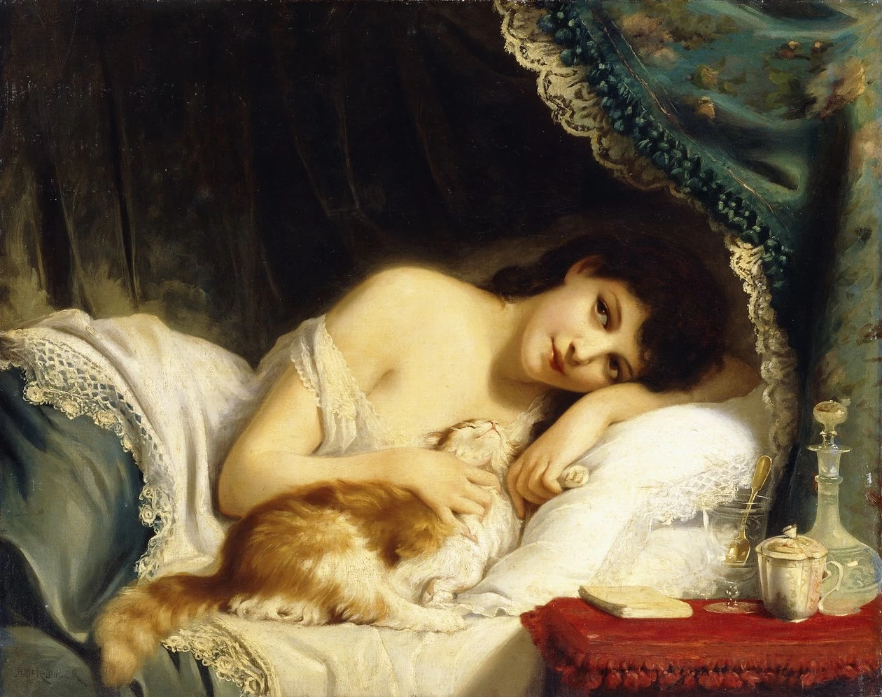 Una bellezza sdraiata con il suo gatto